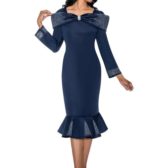 Nubiano Navy Blue Midi Dress with Rhinestone Bow Detail – Sizes 16W–24W - Picture 1 of 7